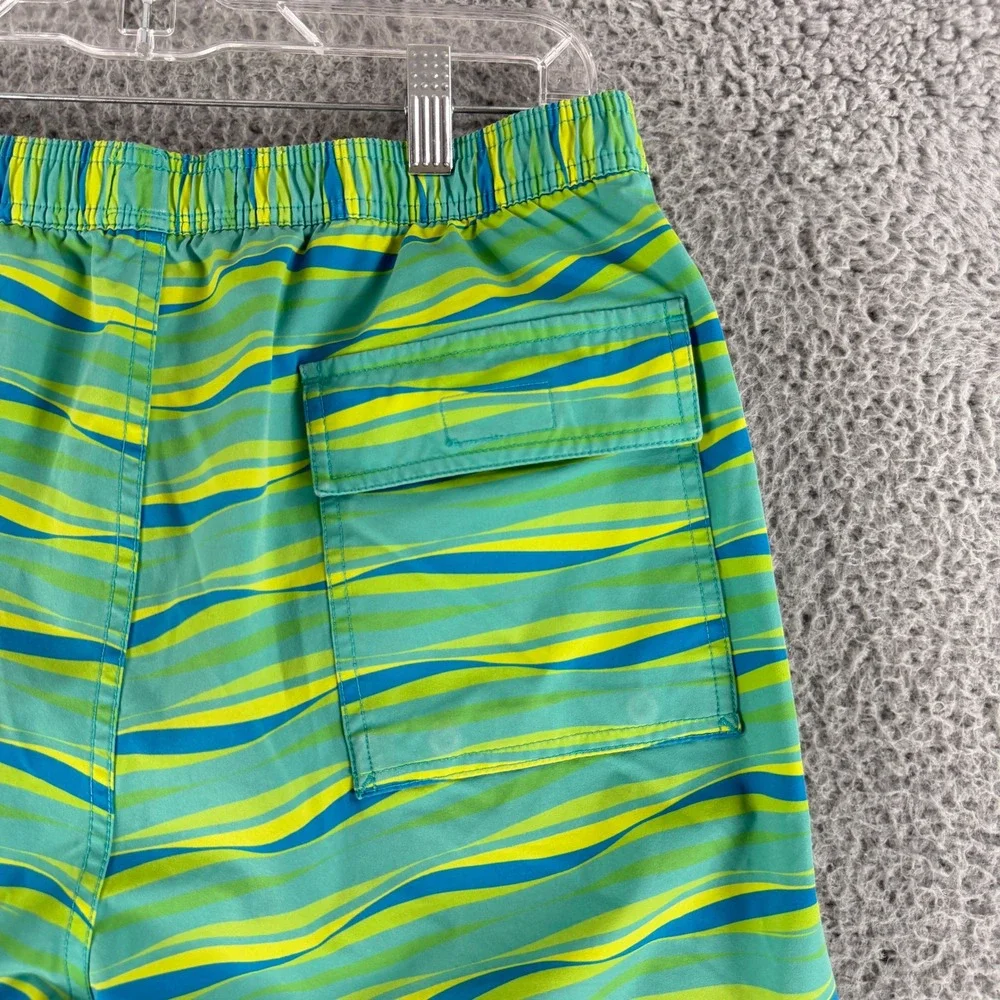 Psycho Bunny Swim Trunks Mens Medium Green Wavy Stripe Drawstring Shorts‎